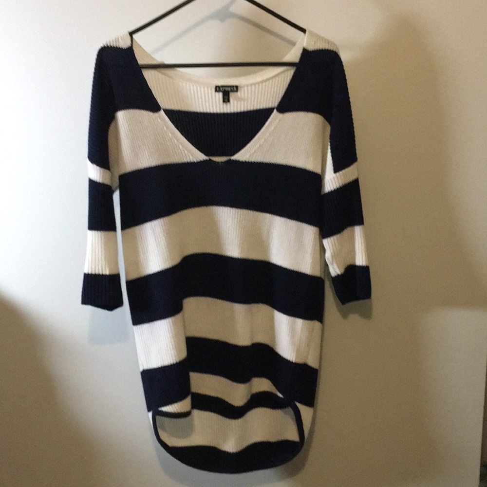 Blue and white high-low sweater